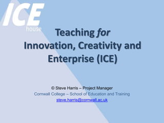 Teaching for Innovation, Creativity and Enterprise (ICE)    © Steve Harris – Project Manager Cornwall College – School of Education and Training  steve.harris@cornwall.ac.uk 