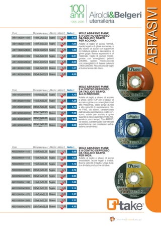 Cod. Listino €UtilizzoDimensioni(mm) Netto €
AB1110020411510 1,65Taglio 0,96
AB1110020411516
AB1120020423032
1,81
3,46
Taglio
Taglio
1,06
2,00
AB1110020423020
AB1130020411565
3,09
2,18
Taglio
Sbavo
1,80
1,27
AB1120020411532
AB1130020423065
1,57
6,95
Taglio
Sbavo
0,91
4,05
Adatte al taglio di acciai normali,
medio legati e di ghise acciaiose, e
allo sbavo di acciai con superficie
di molatura estesa e lavorazione di
ghise grigie. Bassa asportazione di
materiale. Taglio di sezioni medio-
grosse con smerigliatrici potenti
(2400W), sezioni medio-piccole
con smerigliatrici di bassa potenza
(1800-2000W). Alta velocità di taglio
e buona tenuta del disco.
MOLE ABRASIVE PIANE
E A CENTRO DEPRESSO
DA TAGLIO E SBAVO,
PER ACCIAIO:
115x1,0x22,23
115x1,6x22,23
230x3,2x22,23
230x2,0x22,23
115x6,5x22,23
115x3,2x22,23
Cod. Listino €UtilizzoDimensioni(mm) Netto €
AB5100020411516 1,88Taglio 1,10
AB5120020411532
AB513002042307F
2,39
10,95
Taglio
Sbavo
1,39
6,38
AB5120020423032
AB513002042307M
7,00
10,95
Taglio
Sbavo
4,10
6,38
AB5130020423070 12,77Sbavo 7,45
Adatte al taglio e sbavo di acciaio
e ghise. Serie TOP per lo sbavo di
acciaio e ghise con smerigliatrici ad
alta frequenza, dalla lunga durata
e alta velocità di asportazione. Se-
rie FINE, da sbavo, caratterizzata
dall’elevata asportazione e alto con-
sumo, adatta per acciaio e ghise
quando si deve asportare molto ma-
teriale in poco tempo. Tipo MEDIO,
da sbavo, caratterizzato dall’elevata
asportazione, per prestazioni ad al-
tissimo rendimento.
115x1,6x22,23
115x3,2x22,23
230x3,2x22,23
230x7,0x22,23
TOP
230x7,0x22,23
FINE
230x7,0x22,23
MEDIO
230x6,5x22,23
Cod. Listino €UtilizzoDimensioni(mm) Netto €
1,71Taglio 0,99
1,80
5,07
2,35
Taglio
Taglio
Sbavo
1,05
2,95
1,37
1,88
1,78
2,25
Taglio
Taglio
Sbavo
1,10
1,05
1,31
4,74
3,69
7,38
Taglio
Taglio
Sbavo
2,76
2,15
4,30
Adatte al taglio e sbavo di acciai
inossidabili, acciai legati e trattati.
Buona velocità di taglio, lunga dura-
ta e limitata produzione di bave.
MOLE ABRASIVE PIANE
E A CENTRO DEPRESSO
DA TAGLIO E SBAVO,
PER INOX:
AB2220020411510
AB2220020411512
AB2220020411516
AB2220020423020
AB2220020423025
AB2120020411532
AB2120020423032
AB2130020411570
AB2130020412565
AB2130020423070
115x1,0x22,23
115x1,2x22,23
115x1,6x22,23
230x2,0x22,23
230x2,5x22,23
115x3,2x22,23
230x3,2x22,23
115x7,00x22,23
125x6,5x22,23
230x7,00x22,23
ABRASIVI
MOLE ABRASIVE PIANE
E A CENTRO DEPRESSO
DA TAGLIO E SBAVO,
ALLO ZIRCONIO:
 