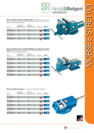 Morsa parallela da banco modello ZEUS interamente in acciaio for-
giato, a doppia guida prismatica, registrabile; ganasce fisse temprate,
base tonda in acciaio forgiato
Peso 7 kg
Peso 12 kg
Peso 19 kg
Cod.
Larghezza
ganasce (mm)
Apertura
ganasce (mm) Listino € Netto €
85,00
90,00
122,00
130,00
157,00
215,00
ST-100/100
ST-100/125
ST-100/150
100
125
150
130
150
180
Morsa parallela da banco modello PEGASO con ganasce serratubo
fisse costruita completamente con piatti d’acciaio, ganasce in acciaio
zigrinate e temprate ad induzione
Peso 6 kg
Peso 7 kg
Peso 8 kg
Peso 10 kg
Peso 13 kg
Cod.
Larghezza
ganasce (mm)
Apertura
ganasce (mm) Listino € Netto €
38,00
42,00
45,00
52,00
72,00
62,00
70,00
78,00
88,00
118,00
ST-110/100
ST-110/115
ST-110/125
ST-110/135
ST-110/150
100
115
125
135
150
110
115
120
135
150
Morsa parallela da trapano con ganasce in acciaio prismatiche
Peso 2,5 kg
Peso 4 kg
Peso 7 kg
Peso 14 kg
Peso 24 kg
Cod.
Larghezza
ganasce (mm)
Apertura
ganasce (mm) Listino € Netto €
42,00
55,00
85,00
105,00
145,00
65,00
78,00
140,00
180,00
210,00
ST-118/60
ST-118/80
ST-118/100
ST-118/120
ST-118/150
60
80
100
120
150
70
85
110
150
180
MORSEESTRETTOI
 