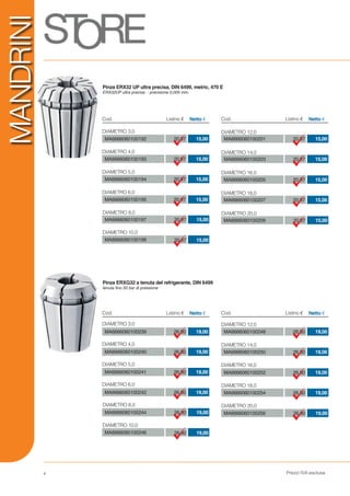 Prezzi IVA esclusa4
MANDRINI
Pinza ERX32 UP ultra precisa, DIN 6499, metric, 470 E
ERX32UP ultra precisa - precisione 0,005 mm.
Pinza ERXG32 a tenuta del refrigerante, DIN 6499
tenuta fino 50 bar di pressione
MA6666060100192 20,97 15,00
DIAMETRO 3,0
MA6666060100239 26,80 19,00
DIAMETRO 3,0
MA6666060100201 20,97 15,00
DIAMETRO 12,0
MA6666060100248 26,80 19,00
DIAMETRO 12,0
MA6666060100193 20,97 15,00
DIAMETRO 4,0
MA6666060100240 26,80 19,00
DIAMETRO 4,0
MA6666060100203 20,97 15,00
DIAMETRO 14,0
MA6666060100250 26,80 19,00
DIAMETRO 14,0
MA6666060100194 20,97 15,00
DIAMETRO 5,0
MA6666060100241 26,80 19,00
DIAMETRO 5,0
MA6666060100205 20,97 15,00
DIAMETRO 16,0
MA6666060100252 26,80 19,00
DIAMETRO 16,0
MA6666060100195 20,97 15,00
DIAMETRO 6,0
MA6666060100242 26,80 19,00
DIAMETRO 6,0
MA6666060100207 20,97 15,00
DIAMETRO 18,0
MA6666060100254 26,80 19,00
DIAMETRO 18,0
MA6666060100197 20,97 15,00
DIAMETRO 8,0
MA6666060100244 26,80 19,00
DIAMETRO 8,0
MA6666060100199 20,97 15,00
DIAMETRO 10,0
MA6666060100246 26,80 19,00
DIAMETRO 10,0
MA6666060100209 20,97 15,00
DIAMETRO 20,0
MA6666060100256 26,80 19,00
DIAMETRO 20,0
Cod. Listino € Netto €
Cod. Listino € Netto €
Cod. Listino € Netto €
Cod. Listino € Netto €
 