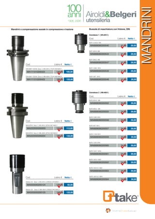 MANDRINI
Mandrini a compensazione assiale in compressione e trazione Bussola di maschiatura con frizione, DIN
MA6666060200560 54,98 39,00
BUF2-12X9 M16
MA6666060200561 54,98 39,00
BUF2-14X11 M18
MA6666060200562 54,98 39,00
BUF2-16X12 M20
MA6666060200563 54,98 39,00
BUF2-18X14.5 M22
MA6666060200564 54,98 39,00
BUF2-18X14.5 M24
Listino € Netto €
MA6666060200552 54,98 39,00
BUF2-6X4.9 M6
MA6666060200555 54,98 39,00
BUF2-8X6.2 M8
MA6666060200558 54,98 39,00
BUF2-10X8 M10
MA6666060200557 54,98 39,00
BUF2-9X7 M12
MA6666060200559 54,98 39,00
BUF2-11X9 M14
Grandezza 1 ( M3÷M12 )
Grandezza 2 ( M6÷M24 )
Cod. Listino € Netto €
MAS-BT40 Gran.1 ( M3÷M12 ) BT40 H67 MAC1
MAS-BT40 Gran.2 ( M6÷M24 ) BT40 H94 MAC2
MA2222020200203 159,94 112,00
MA2222020200204 189,32 133,00
Cod. Listino € Netto €
Weldon 25 Gran.1 ( M3÷M12 ) DWS25 H39 MAC1
Weldon 25 Gran.2 ( M6÷M24 ) DWS25 H63 MAC2
MA5555050200124 129,95 92,00
MA5555050200125 149,94 133,00
Cod. Listino € Netto €
DIN 69871 ISO40 Gran.1 ( M3÷M12 ) TC40 H59 MAC1
DIN 69871 ISO40 Gran.2 ( M6÷M24 ) TC40 H98 MAC2
MA1111010200423 149,94 105,00
MA1111010200425 189,32 133,00
Cod. Listino € Netto €
Cod.
BUF1-4.5X3.4 M4
MA6666060200540 41,98 29,50
MA6666060200543 41,98 29,50
BUF1-6X4.9 M6
MA6666060200547 41,98 29,50
BUF1-8X6.2 M8
MA6666060200549 41,98 29,50
BUF1-10X8 M10
BUF1-9X7 M12
MA6666060200548 41,98 29,50
 