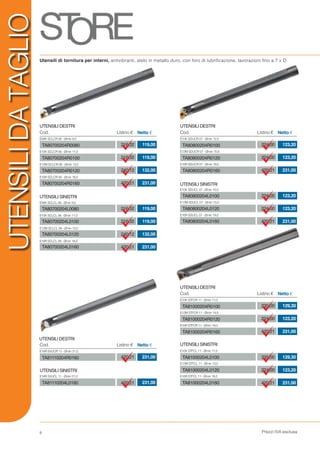 Prezzi IVA esclusa8
UTENSILIDATAGLIO
Utensili di tornitura per interni, antivibranti, stelo in metallo duro, con foro di lubrificazione, lavorazioni fino a 7 x D
UTENSILI DESTRI
UTENSILI SINISTRI
UTENSILI DESTRI
UTENSILI SINISTRI
UTENSILI DESTRI
UTENSILI DESTRI
UTENSILI SINISTRI
UTENSILI SINISTRI
Cod. Listino € Netto €
E08K SCLCR 06 - Ømin 9,0
E10K SCLCR 06 - Ømin 11,0
E12M SCLCR 06 - Ømin 13,0
E16R SCLCR 09 - Ømin 18,0
E08K SCLCL 06 - Ømin 9,0
E10K SCLCL 06 - Ømin 11,0
E12M SCLCL 06 - Ømin 13,0
E16R SCLCL 09 - Ømin 18,0
216,32
216,32
240,12
420,21
216,32
216,32
240,12
420,21
TA80700204R0080
TA80700204R0100
TA80700204R0120
TA80700204R0160
TA80700204L0080
TA80700204L0100
TA80700204L0120
TA80700204L0160
119,00
119,00
132,00
231,00
119,00
119,00
132,00
231,00
Cod. Listino € Netto €
E16R SVUCR 11 - Ømin 21,0
E16R SVUCL 11 - Ømin 21,0
420,21
420,21
TA81110204R0160
TA81110204L0160
231,00
231,00
Cod. Listino € Netto €
E10K SDUCR 07 - Ømin 12,0
E12M SDUCR 07 - Ømin 15,0
E16R SDUCR 07 - Ømin 19,0
E10K SDUCL 07 - Ømin 12,0
E12M SDUCL 07 - Ømin 15,0
E16R SDUCL 07 - Ømin 19,0
224,00
224,00
420,21
224,00
224,00
420,21
TA80800204R0100
TA80800204R0120
TA80800204R0160
TA80800204L0100
TA80800204L0120
TA80800204L0160
123,20
123,20
231,00
123,20
123,20
231,00
Cod. Listino € Netto €
E10K STFCR 11 - Ømin 11,0
E12M STFCR 11 - Ømin 14,0
E16R STFCR 11 - Ømin 18,0
E10K STFCL 11 - Ømin 11,0
E12M STFCL 11 - Ømin 13,0
E16R STFCL 11 - Ømin 18,0
235,00
224,00
420,21
235,00
224,00
420,21
TA81000204R0100
TA81000204R0120
TA81000204R0160
TA81000204L0100
TA81000204L0120
TA81000204L0160
129,30
123,20
231,00
129,30
123,20
231,00
 