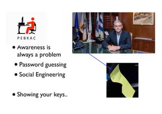 •Awareness is 
always a problem
•Password guessing
•Social Engineering
•Showing your keys..
 