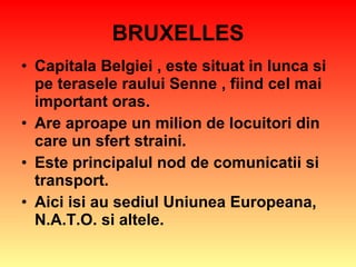 BRUXELLES Capitala Belgiei , este situat in lunca si pe terasele raului Senne , fiind cel mai important oras. Are aproape un milion de locuitori din care un sfert straini. Este principalul nod de comunicatii si transport. Aici isi au sediul Uniunea Europeana, N.A.T.O. si altele. 