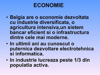 ECONOMIE Belgia are o economie dezvoltata cu industrie diversificata, o agricultura intensiva,un sistem bancar eficient si o infrastructura dintre cele mai moderne. In ultimii ani au cunoscut o puternica dezvoltare electrotehnica si informatica. In industrie lucreaza peste 1/3 din populatia activa. 