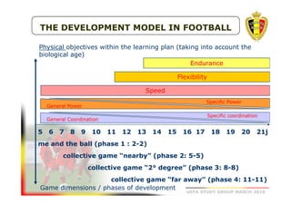 THE DEVELOPMENT MODEL IN FOOTBALL
Physical objectives within the learning plan (taking into account the
biological age)
Endurance
Flexibility
Speed
Specific Power

General Power

Specific coordination

General Coordination

5

6

7

8

9

10

11

12

13

14

15

16 17

18

19

20

21j

me and the ball (phase 1 : 2-2)
collective game “nearby” (phase 2: 5-5)
collective game “2° degree” (phase 3: 8-8)
collective game “far away” (phase 4: 11-11)
Game dimensions / phases of development
UEFA STUDY GROUP MARCH 2010

 