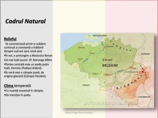Cadrul Natural
Relieful
Se caracterizeză printr-o scădere
continuă și constantă a înălțimii
dinspre sud-est spre nord-vest.
În est, o prelungire a Masivului Renan
Cel mai înalt punct: Vf. Botrange 694m
Partea centrală este un podiș puțin
înalt, hercinic (Podișul Ardeni).
În nord vest o câmpie joasă, de
origine glaciară (Câmpia Flandrei).
Clima temperată
Cu nuanță oceanică în câmpie;
De tranziție în podiș.
Belgia-Nagy Rareș George
 