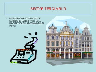 SECTOR TERCIARIO ESTE SERVICIO RECOGE LA MAYOR CANTIDAD DE EMPLEO(73%) Y ES LA MAYOR AYUDA EN LA ECONOMIA BELGA (72´6%). 