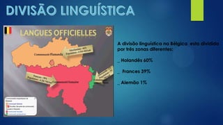 A divisão linguística na Bélgica esta dividida
por três zonas diferentes:
_ Holandês 60%
_ Frances 39%
_ Alemão 1%
 