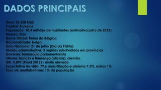 Área: 30.528 km2
Capital: Bruxelas
População: 10,4 milhões de habitantes (estimativa julho de 2012)
Moeda: Euro
Nome Oficial: Reino da Bélgica
Nacionalidade: belga
Data Nacional: 21 de julho (Dia da Pátria)
Divisão administrativa: 3 regiões subdivididas em províncias
Governo: Monarquia parlamentarista
Idioma: francês e flamengo (oficiais), alemão.
IDH: 0,897 (Pnud 2012) - muito elevado
Expectativa de vida: 79,6 anos filiação e ateísmo 7,5%, outras 1%.
Taxa de analfabetismo: 1% da população
 