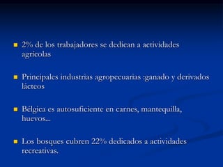  2% de los trabajadores se dedican a actividades
agrícolas
 Principales industrias agropecuarias :ganado y derivados
lácteos
 Bélgica es autosuficiente en carnes, mantequilla,
huevos...
 Los bosques cubren 22% dedicados a actividades
recreativas.
 