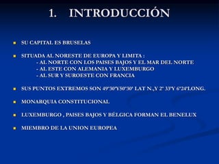 1. INTRODUCCIÓN
 SU CAPITAL ES BRUSELAS
 SITUADA AL NORESTE DE EUROPA Y LIMITA :
- AL NORTE CON LOS PAISES BAJOS Y EL MAR DEL NORTE
- AL ESTE CON ALEMANIA Y LUXEMBURGO
- AL SUR Y SUROESTE CON FRANCIA
 SUS PUNTOS EXTREMOS SON 49º30’Y50º30’ LAT N.,Y 2º 33’Y 6º24’LONG.
 MONARQUIA CONSTITUCIONAL
 LUXEMBURGO , PAISES BAJOS Y BÉLGICA FORMAN EL BENELUX
 MIEMBRO DE LA UNION EUROPEA
 