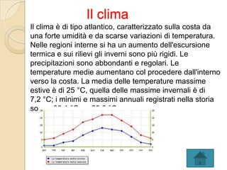 Il clima
Il clima è di tipo atlantico, caratterizzato sulla costa da
una forte umidità e da scarse variazioni di temperatura.
Nelle regioni interne si ha un aumento dell'escursione
termica e sui rilievi gli inverni sono più rigidi. Le
precipitazioni sono abbondanti e regolari. Le
temperature medie aumentano col procedere dall'interno
verso la costa. La media delle temperature massime
estive è di 25 °C, quella delle massime invernali è di
7,2 °C; i minimi e massimi annuali registrati nella storia
sono: -30,1 °C e +29,8 °C.
 