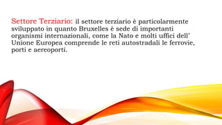 Settore Terziario: il settore terziario è particolarmente
sviluppato in quanto Bruxelles è sede di importanti
organismi internazionali, come la Nato e molti uffici dell’
Unione Europea comprende le reti autostradali le ferrovie,
porti e aereoporti.
 