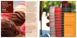 BELGIOUS        La combinación de crepes
                dulces y la degustación de
FIESTA DE       helados nos permite ofrecerle
                un servicio de catering
CREPES DULCES   totalmente inusual. Primero el
                cocinero de Belgious Kids®
Y HELADOS       deja eligir a los niños los
                ingredientes dulces que desean
A PARTIR DE     poner en su crepe (entre otros


15€
                Speculoos Belga, Chocolate
                Belga, Dulce de Leche,..), y se
                ocupa de servir a todos los
                niños mientras comen todas las
POR PERSONA     crepes dulces que quieren.

                Después cantan juntos el
                ‘Cumpleaños Feliz’ y el
                cocinero de Belgious entrega         MÁS
                el regalo de parte de Belgious
                para el anfitrión o la anfitriona.
                                                     INFORMACIÓN
                Mientras los niños juegan, el
                cocinero de Belgious les sirve       Las propuestas de Belgious
                3 de nuestros helados-gourmet        Kids son para dar un ejemplo
                de Chocolate, Vanilla y Fresa        de las posibilidades que le
                (100% artesanales, elaborados        podemos ofrecer y dependen
                sólo con producto fresco, sin        del número de personas, la
                conservantes ni colorantes)          duración del evento, el tipo de
                dejándoles comer la cantidad         Show-Cooking, etc.
                que ellos quieran.
                                                     Por eso, por favor contacte
                                                     con nosotros a través de
                Opcionalmente:	                      catering@belgious.com
                Payaso para entretener a los         para poder recibir una oferta
                niños para que los padres            personalizada
                puedan descansar, bolsa de
                chuches para cada niño, pastel       Todos los precios están
                de cumpleaños totalmente             calculados para un número
                personalizado, gorro de              de 20 niños. En el caso de
                cocinero Belgious.                   que el número de personas
                                                     que asistan al evento sea
                Duración:		1	hora                    menor o mayor a este número,
                IVA	no	incluido.                     los precios pueden variar

                                                     Todas	las	actividades	de
                                                     Belgious	Kids®	son	para
                                                     niños	hasta	12	años
 