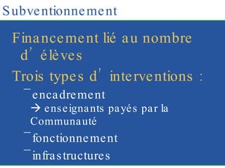 Subventionnement Financement lié au nombre d’élèves Trois types d’interventions : encadrement   enseignants payés par la Communauté fonctionnement infrastructures 