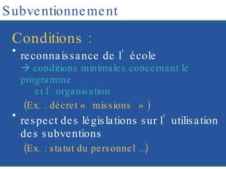 Subventionnement Conditions : reconnaissance de l’école   conditions minimales concernant le programme et l’organisation (Ex. : décret « missions » ) respect des législations sur l’utilisation des subventions (Ex. : statut du personnel …) 