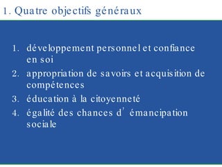 1. Quatre objectifs généraux développement personnel et confiance en soi appropriation de savoirs et acquisition de compétences éducation à la citoyenneté égalité des chances d’émancipation sociale 