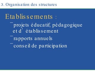 3. Organisation des structures Etablissements  : projets éducatif, pédagogique et d’établissement rapports annuels conseil de participation 