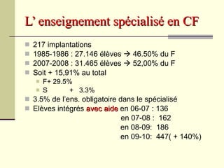L’ enseignement spécialisé en CF 217 implantations 1985-1986 : 27.146 élèves    46.50% du F 2007-2008 : 31.465 élèves    52,00% du F Soit + 15,91% au total F + 29.5% S +  3.3% 3.5% de l’ens. obligatoire dans le spécialisé Elèves intégrés  avec aide  en 06-07 : 136 en 07-08 :  162   en 08-09:  186   en 09-10:  447( + 140%)   