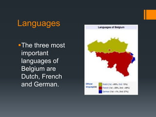 Languages 
The three most 
important 
languages of 
Belgium are 
Dutch, French 
and German. 
 