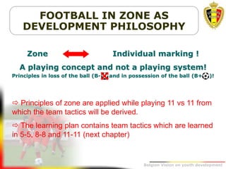 Belgion Vision on youth development
FOOTBALL IN ZONE AS
DEVELOPMENT PHILOSOPHY
Zone Individual marking !
A playing concept and not a playing system!
Principles in loss of the ball (B- and in possession of the ball (B+ )!
 Principles of zone are applied while playing 11 vs 11 from
which the team tactics will be derived.
 The learning plan contains team tactics which are learned
in 5-5, 8-8 and 11-11 (next chapter)
 