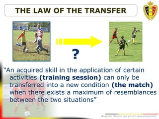 Belgion Vision on youth development
“An acquired skill in the application of certain
activities (training session) can only be
transferred into a new condition (the match)
when there exists a maximum of resemblances
between the two situations”
?
THE LAW OF THE TRANSFER
 