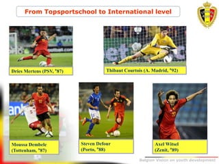 Belgion Vision on youth development
11/18/2012
Dries Mertens (PSV, °87) Thibaut Courtois (A. Madrid, °92)
Moussa Dembele
(Tottenham, °87)
Steven Defour
(Porto, °88)
Axel Witsel
(Zenit, °89)
From Topsportschool to International level
 