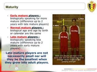 Belgion Vision on youth development
Maturity
• Early mature players :
biologically speaking far more
mature (difference up to 2
years with late mature players)
• Normal mature players :
biological age and age by birth
or calendar are the same
• Late mature players :
biologically speaking less
mature (difference up to 2
years with early mature
players)
30cm
35.5kg
62.5kg
Both U15 players are born in the
same year and are scoring the same
average values on speed and
jumping strength
1.46m
1.76m
Late mature players are not
necessarily small nor will
they be the smallest when
they grow into adult players.
 