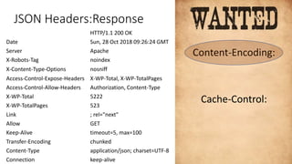 JSON Headers:Response
HTTP/1.1 200 OK
Date Sun, 28 Oct 2018 09:26:24 GMT
Server Apache
X-Robots-Tag noindex
X-Content-Type-Options nosniff
Access-Control-Expose-Headers X-WP-Total, X-WP-TotalPages
Access-Control-Allow-Headers Authorization, Content-Type
X-WP-Total 5222
X-WP-TotalPages 523
Link ; rel="next"
Allow GET
Keep-Alive timeout=5, max=100
Transfer-Encoding chunked
Content-Type application/json; charset=UTF-8
Connection keep-alive
Content-Encoding:
Cache-Control:
 