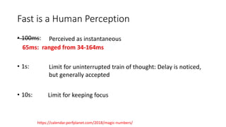 Fast is a Human Perception
• 100ms:
• 1s:
• 10s:
Perceived as instantaneous
Limit for uninterrupted train of thought: Delay is noticed,
but generally accepted
Limit for keeping focus
65ms: ranged from 34-164ms
https://calendar.perfplanet.com/2018/magic-numbers/
 