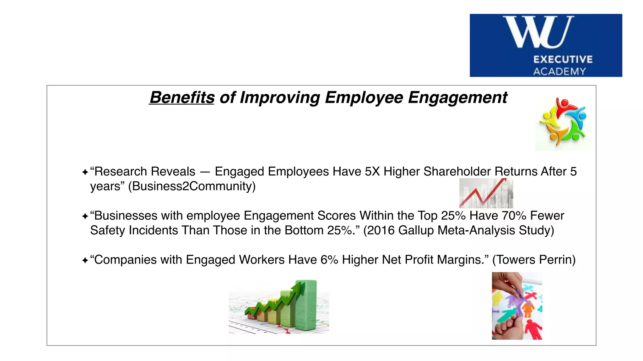 Hier Titel der Präsentation eingeben
Beneﬁts of Improving Employee Engagement
“Research Reveals — Engaged Employees Have 5X Higher Shareholder Returns After 5
years” (Business2Community)
“Businesses with employee Engagement Scores Within the Top 25% Have 70% Fewer
Safety Incidents Than Those in the Bottom 25%.” (2016 Gallup Meta-Analysis Study)
“Companies with Engaged Workers Have 6% Higher Net Proﬁt Margins.” (Towers Perrin)
 
