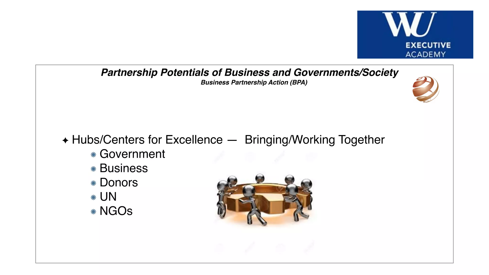 Hier Titel der Präsentation eingeben
Partnership Potentials of Business and Governments/Society
Business Partnership Action (BPA)
Hubs/Centers for Excellence — Bringing/Working Together
Government
Business
Donors
UN
NGOs
 