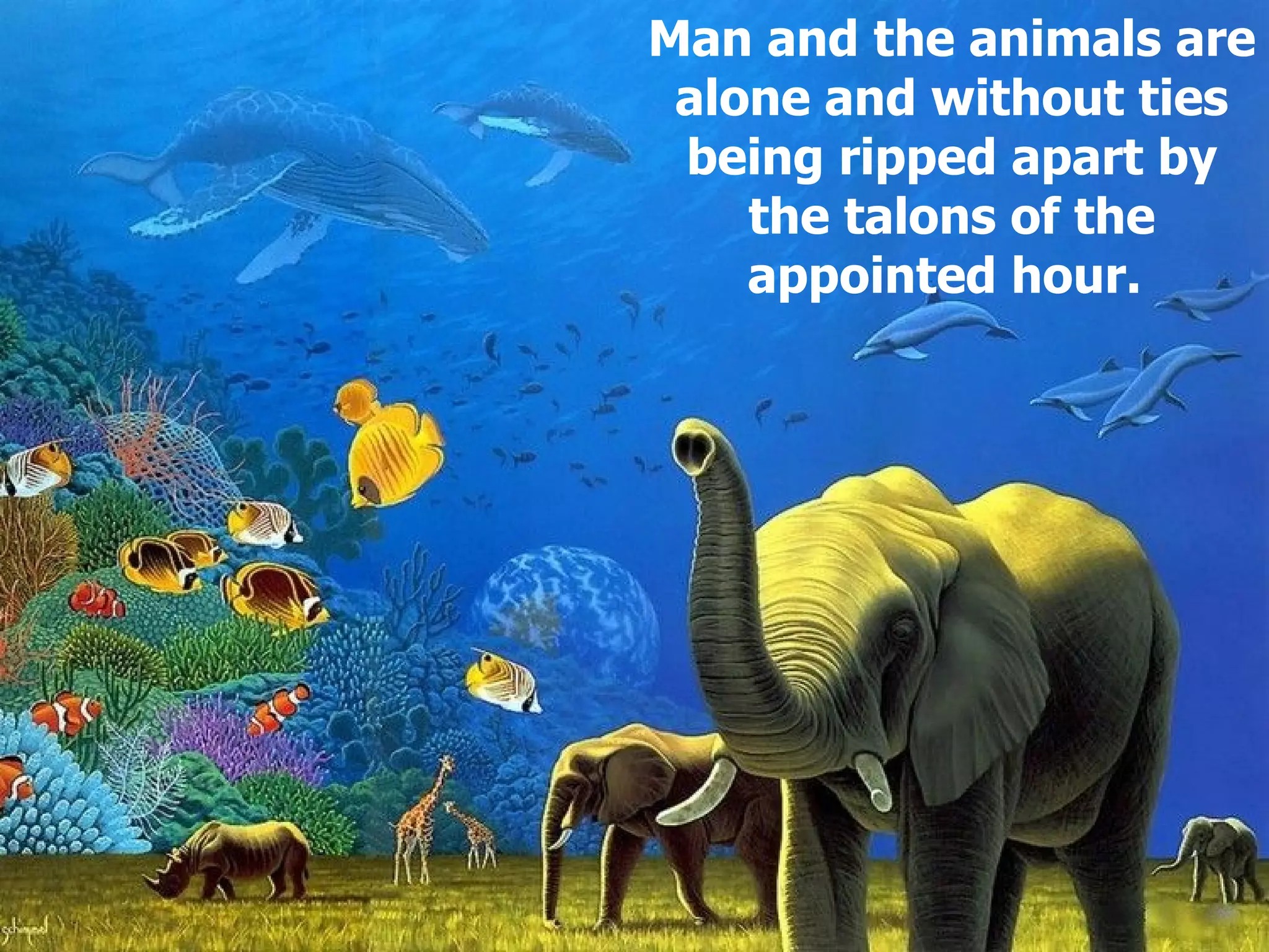 Man and the animals are alone and without ties being ripped apart by the talons of the appointed hour.  