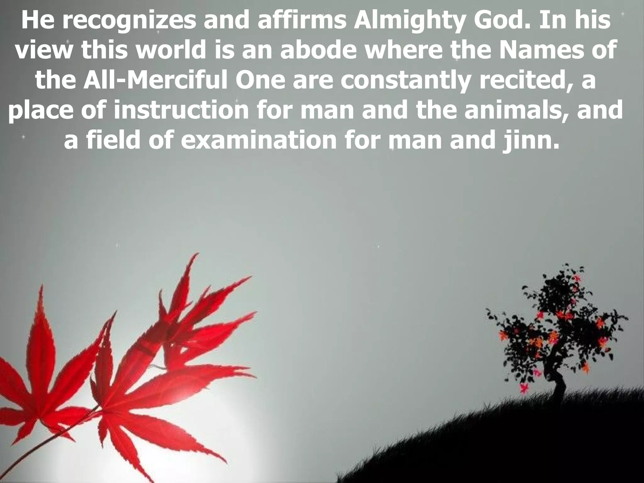 He recognizes and affirms Almighty God. In his view this world is an abode where the Names of the All-Merciful One are constantly recited, a place of instruction for man and the animals, and a field of examination for man and jinn.  