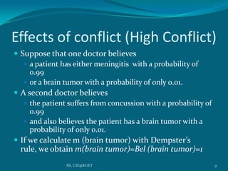 Effects of conflict (High Conflict)
 Suppose that one doctor believes
 a patient has either meningitis with a probability of
0.99
 or a brain tumor with a probability of only 0.01.
 A second doctor believes
 the patient suffers from concussion with a probability of
0.99
 and also believes the patient has a brain tumor with a
probability of only 0.01.
 If we calculate m (brain tumor) with Dempster’s
rule, we obtain m(brain tumor)=Bel (brain tumor)=1
9RS, CSE@KUET
 