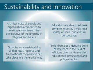 Sustainability and Innovation
Belieforama as a genuine point
of reference in the field of
religious diversity training for
educational, professional and
political sectors
A critical mass of people and
organizations committed to
creating environments that
are inclusive of the diversity of
religions and beliefs.
Educators are able to address
complex issues by involving a
variety of social and cultural
perspectives.
Organisatonal sustainability
so that local, regional and
transnational cooperation can
take place in a generative way.
 