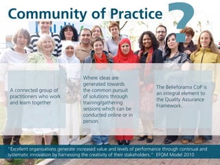 “Excellent organisations generate increased value and levels of performance through continual and
systematic innovation by harnessing the creativity of their stakeholders.” EFQM Model 2010
Community of Practice
?
A connected group of
practitioners who work
and learn together
Where ideas are
generated towards
the common pursuit
of solutions through
training/gathering
sessions which can be
conducted online or in
person.
The Belieforama CoP is
an integral element to
the Quality Assurance
Framework.
 