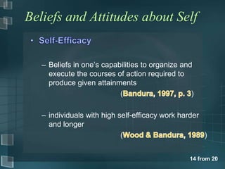 Beliefs and Attitudes about Self


   – Beliefs in one’s capabilities to organize and
     execute the courses of action required to
     produce given attainments
                           (                      )

   – individuals with high self-efficacy work harder
     and longer
                            (                        )


                                                 14 from 20
 