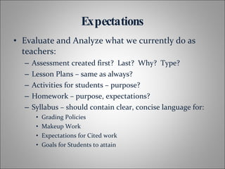 Expectations Evaluate and Analyze what we currently do as teachers: Assessment created first?  Last?  Why?  Type? Lesson Plans – same as always? Activities for students – purpose? Homework – purpose, expectations? Syllabus – should contain clear, concise language for: Grading Policies Makeup Work Expectations for Cited work Goals for Students to attain 
