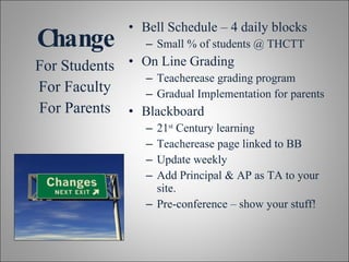 Change Bell Schedule – 4 daily blocks Small % of students @ THCTT On Line Grading Teacherease grading program Gradual Implementation for parents Blackboard 21 st  Century learning Teacherease page linked to BB Update weekly Add Principal & AP as TA to your site. Pre-conference – show your stuff! For Students For Faculty For Parents 
