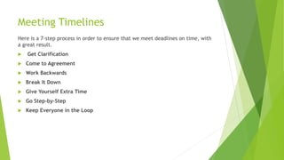 Meeting Timelines
Here is a 7-step process in order to ensure that we meet deadlines on time, with
a great result.
 Get Clarification
 Come to Agreement
 Work Backwards
 Break It Down
 Give Yourself Extra Time
 Go Step-by-Step
 Keep Everyone in the Loop
 
