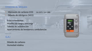 • Estacionamientos
• Muelles de carga y descarga
• Talleres de automoción
• Aparcamiento de bomberos y ambulancias
Emisiones de vehículos
• Monóxido de carbono (CO)
• Dióxido de nitrógeno (NO2)
Q.A.I
• Dióxido de carbono
• Humedad relativa
(UL-2075 / ULC-588)
 