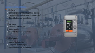 • Componente principal del Gas Natural
• Quemadores industriales y comerciales
• Densidad menor que el aire.
• Cocinas Comerciales
• Laboratorios
• Densidad mayor que el aire.
• cuarto de baterías
• Carga de montacargas
• Densidad menor que el aire.
Gases combustibles
 Metano
 Propano
 Hidrógeno
 
