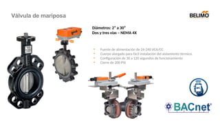 Diámetros: 2” a 30”
Dos y tres vías – NEMA 4X
• Fuente de alimentación de 24-240 VCA/CC
• Cuerpo alargado para fácil instalación del aislamiento térmico.
• Configuración de 30 a 120 segundos de funcionamiento
• Cierre de 200 PSI
Válvula de mariposa
 