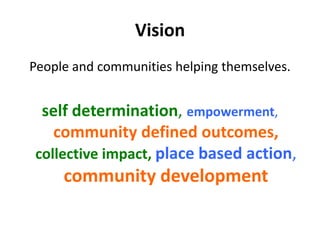 Vision
People and communities helping themselves.
self determination, empowerment,
community defined outcomes,
collective impact, place based action,
community development
 