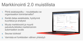 Markkinointi 2.0 muistilista 
1. 
2. 
3. 
4. 
5. 
 
