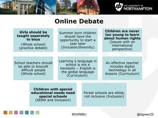 Online Debate
@bjgreen25#DURBBU
Girls should be
taught separately
to boys
(Whole school)
(practice debate)
Summer born chi...