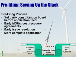 Pre-filing: Sewing Up the Slack  Pre-Filing Process: 3rd party consultant on board before application filed Early MOUs, cost recovery agreements Early issue resolution More complete application  California PUC Application  Filed Draft  EIR  Published “ Transition Time”  Saved With Pre-filing 