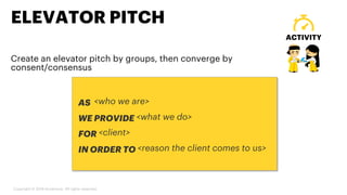 Create an elevator pitch by groups, then converge by
consent/consensus
ELEVATOR PITCH
ACTIVITY
Copyright © 2019 Accenture. All rights reserved.
AS <who we are>
WE PROVIDE <what we do>
FOR <client>
IN ORDER TO <reason the client comes to us>
 